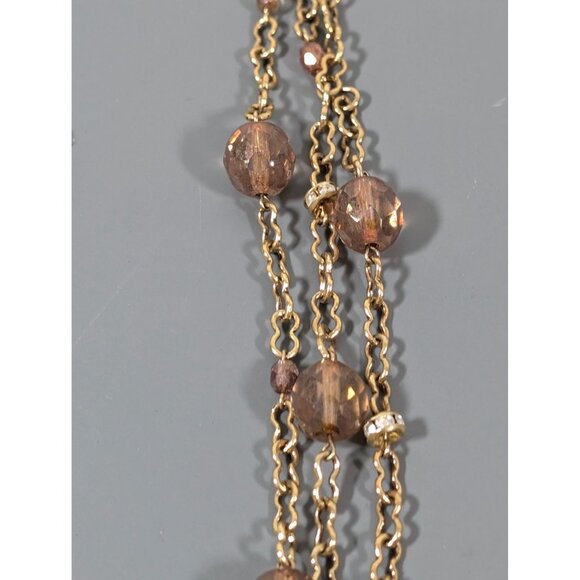 Retro Antiqued Gold Tone Beige Glass Bead Layered Necklace 19" Crystal Accent - Picture 5 of 9